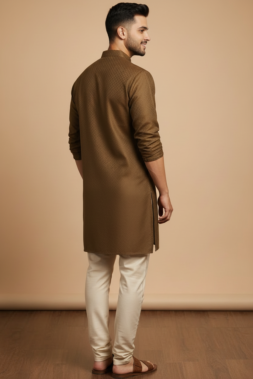 Tattva Men Olive Green Woven Design Straight Kurta
