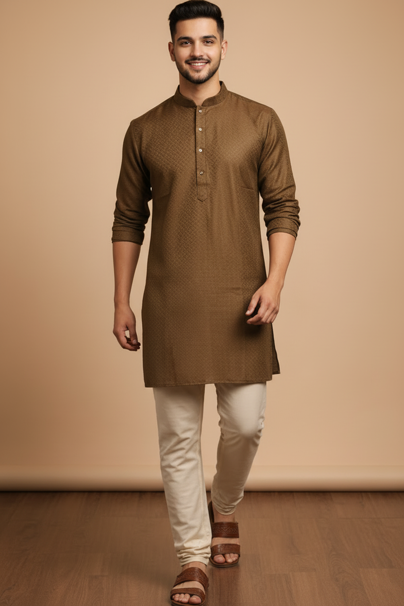 Tattva Men Olive Green Woven Design Straight Kurta