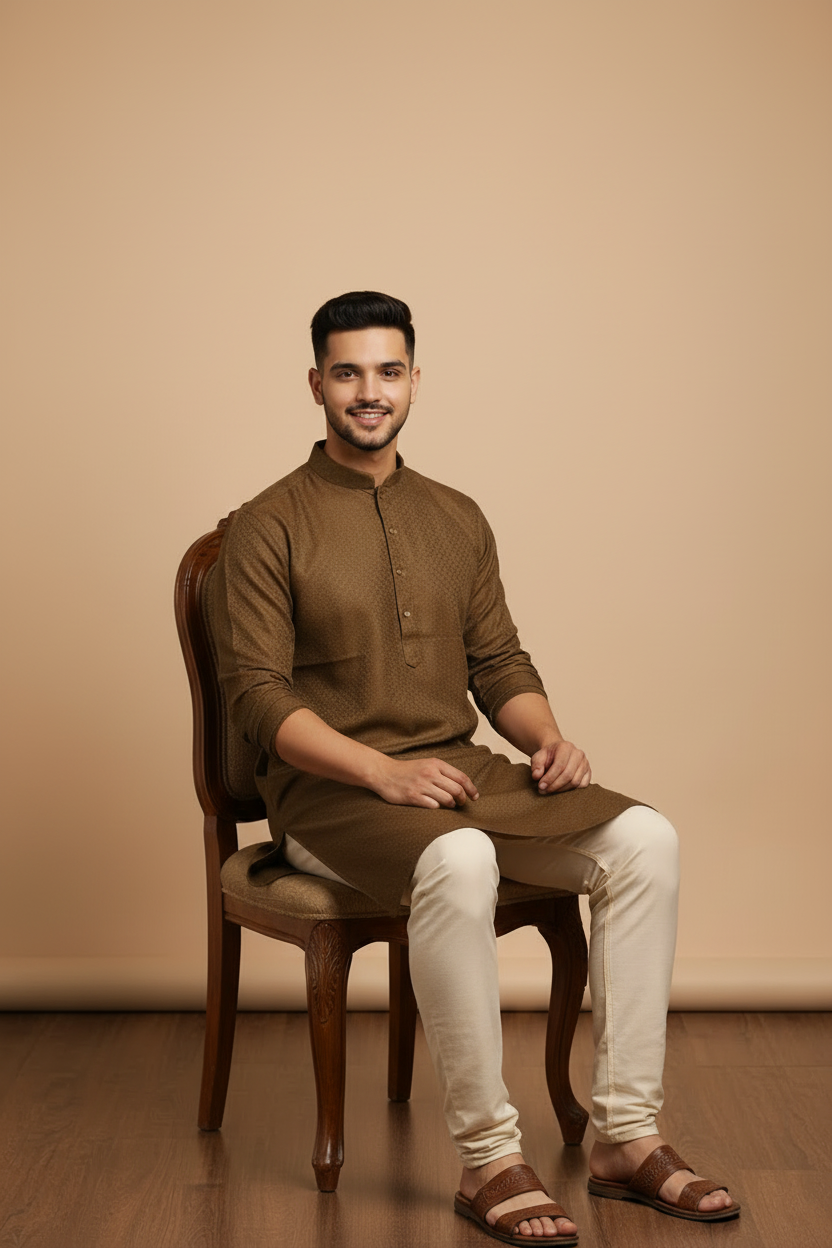 Tattva Men Olive Green Woven Design Straight Kurta