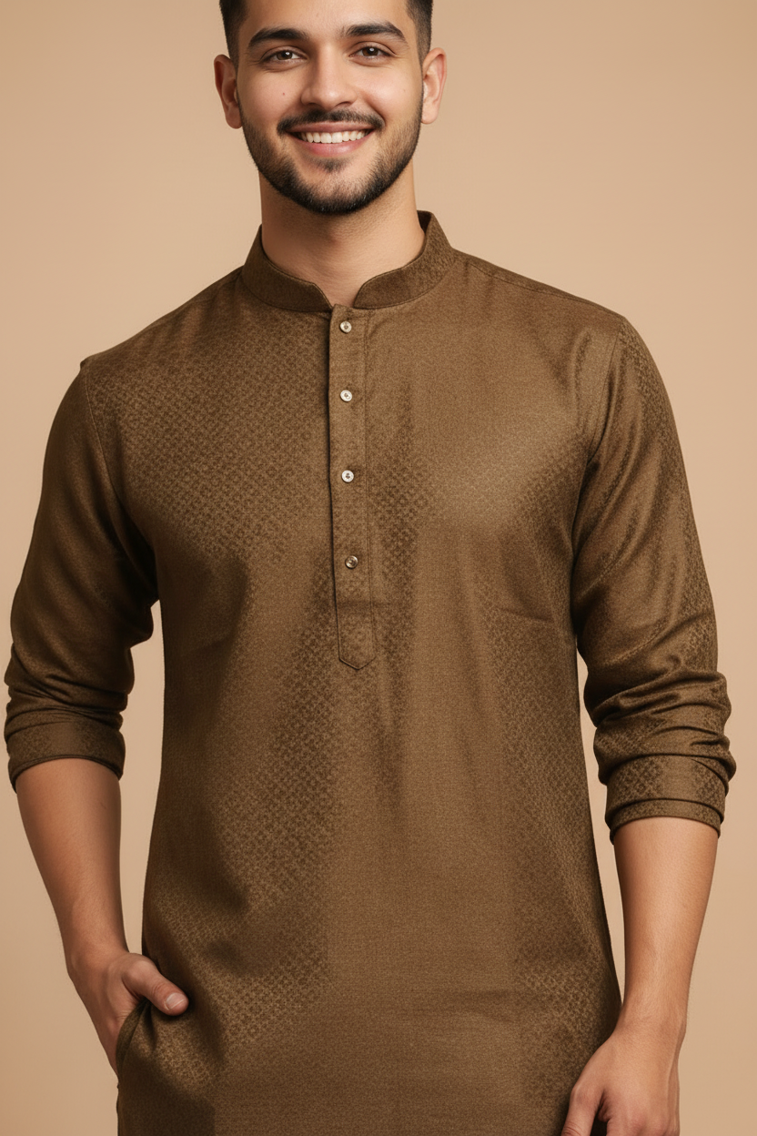Tattva Men Olive Green Woven Design Straight Kurta