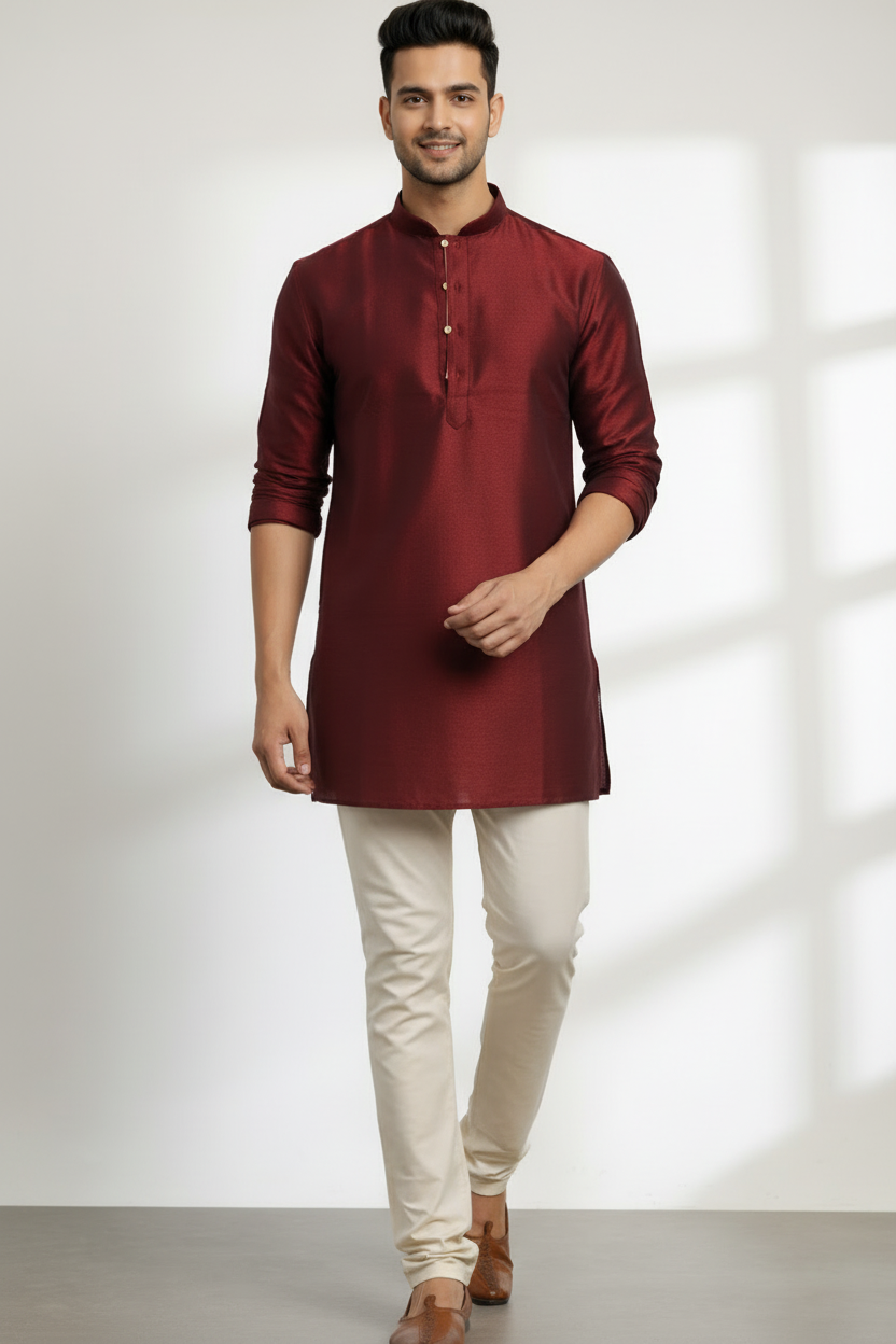 Tattva Men Burgundy Woven Design Short Straight Kurta