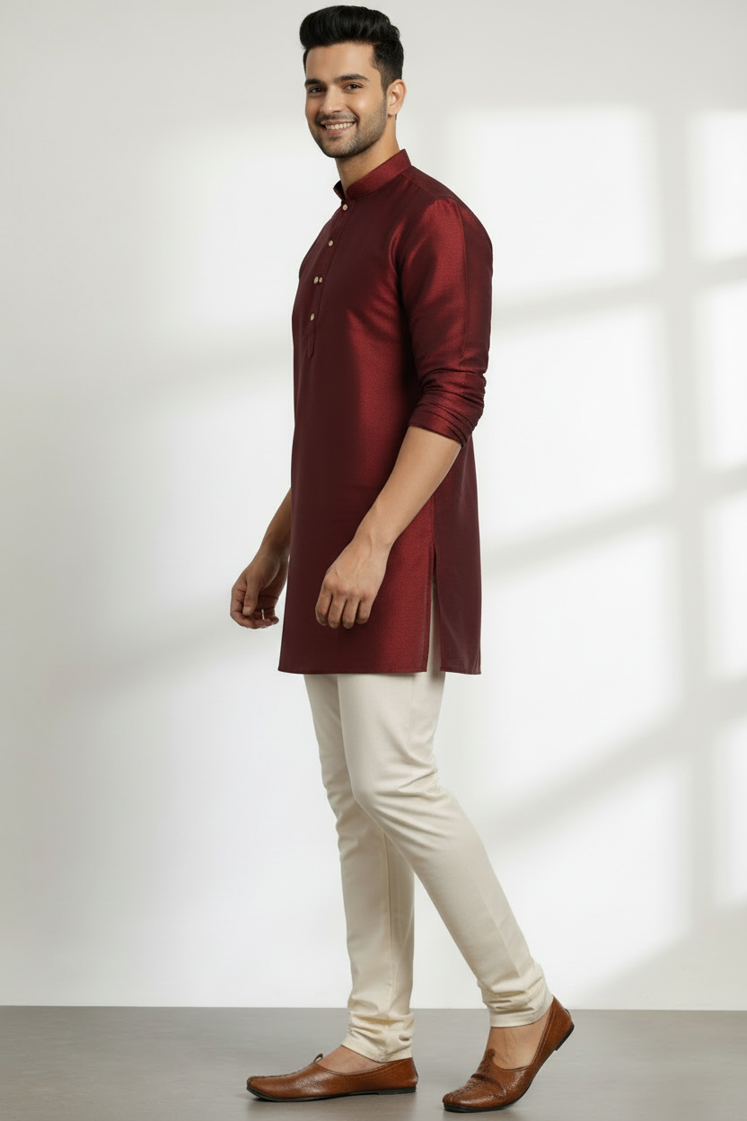Tattva Men Burgundy Woven Design Short Straight Kurta