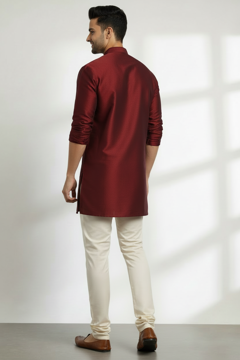 Tattva Men Burgundy Woven Design Short Straight Kurta