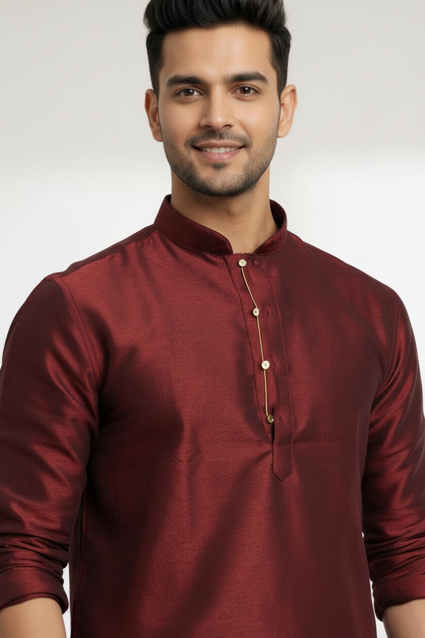 Tattva Men Burgundy Woven Design Short Straight Kurta