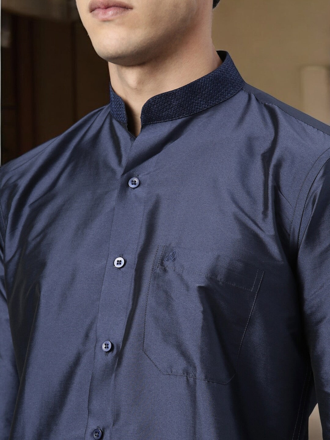 Navy Blue Color Art Silk Slim Fit Solid Party Shirt