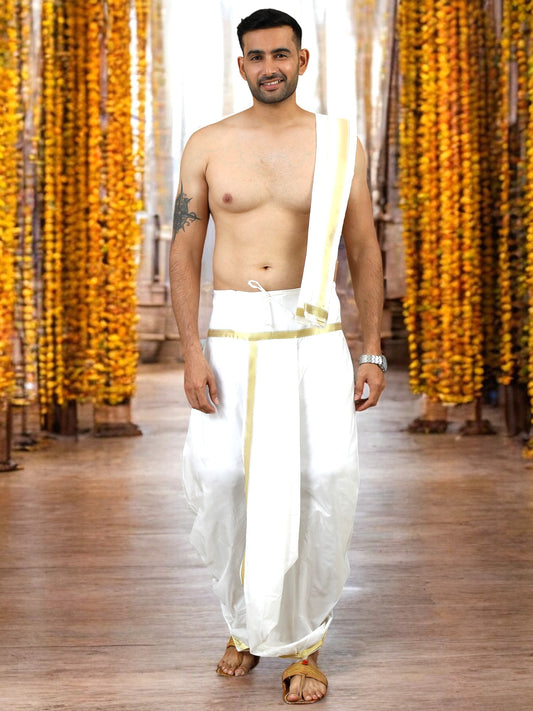 Tattva Art Silk White Dhoti with Shalya (Angavasthram)