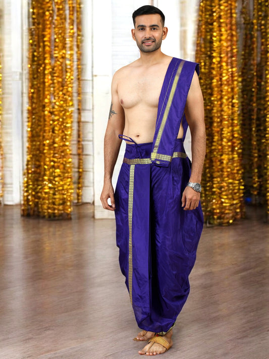 Tattva Art Silk Blue Dhoti with Shalya (Angavasthram)