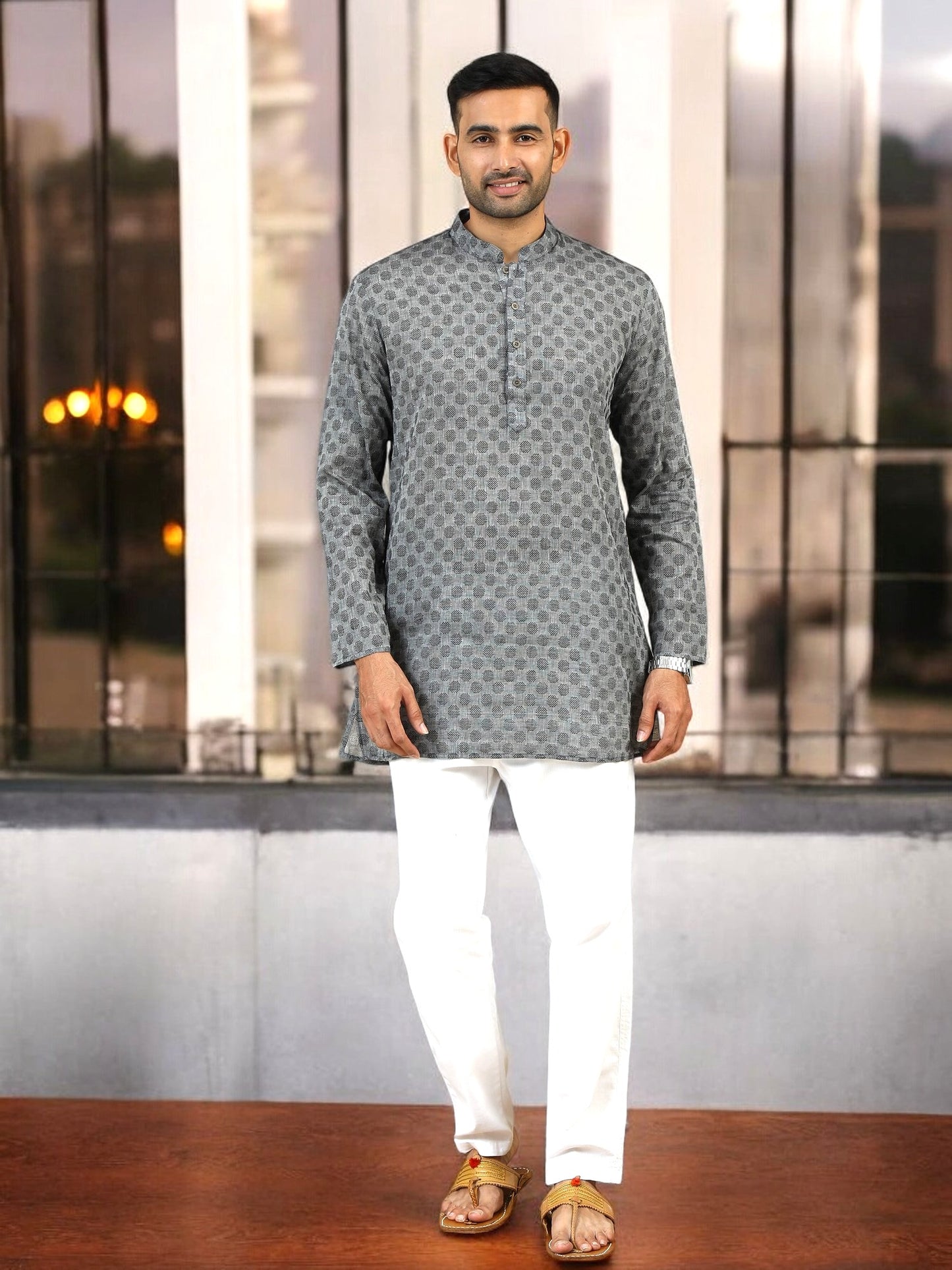 Tattva Woven Design Mandarin Collar Thread Work Cotton Straight Kurta