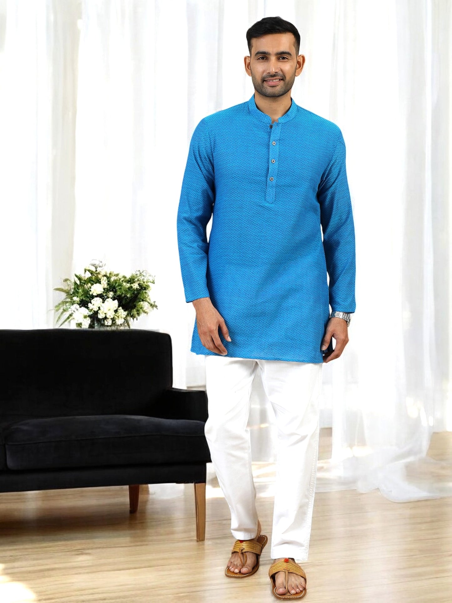 Tattva Men Blue Geometric Print Cotton Blend Straight Kurta