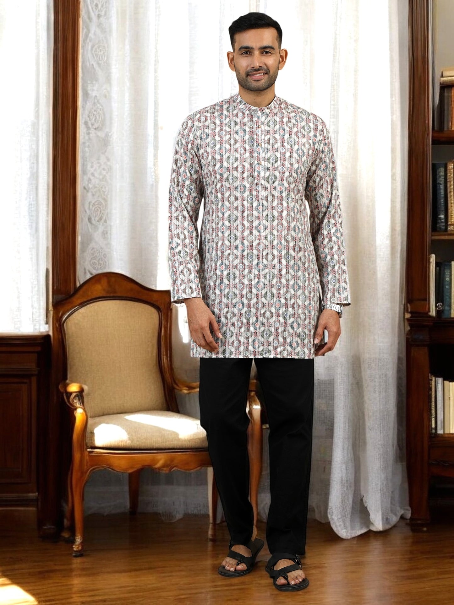 Tattva Ethnic Motifs Printed Mandarin Collar Pure Cotton Short Kurta