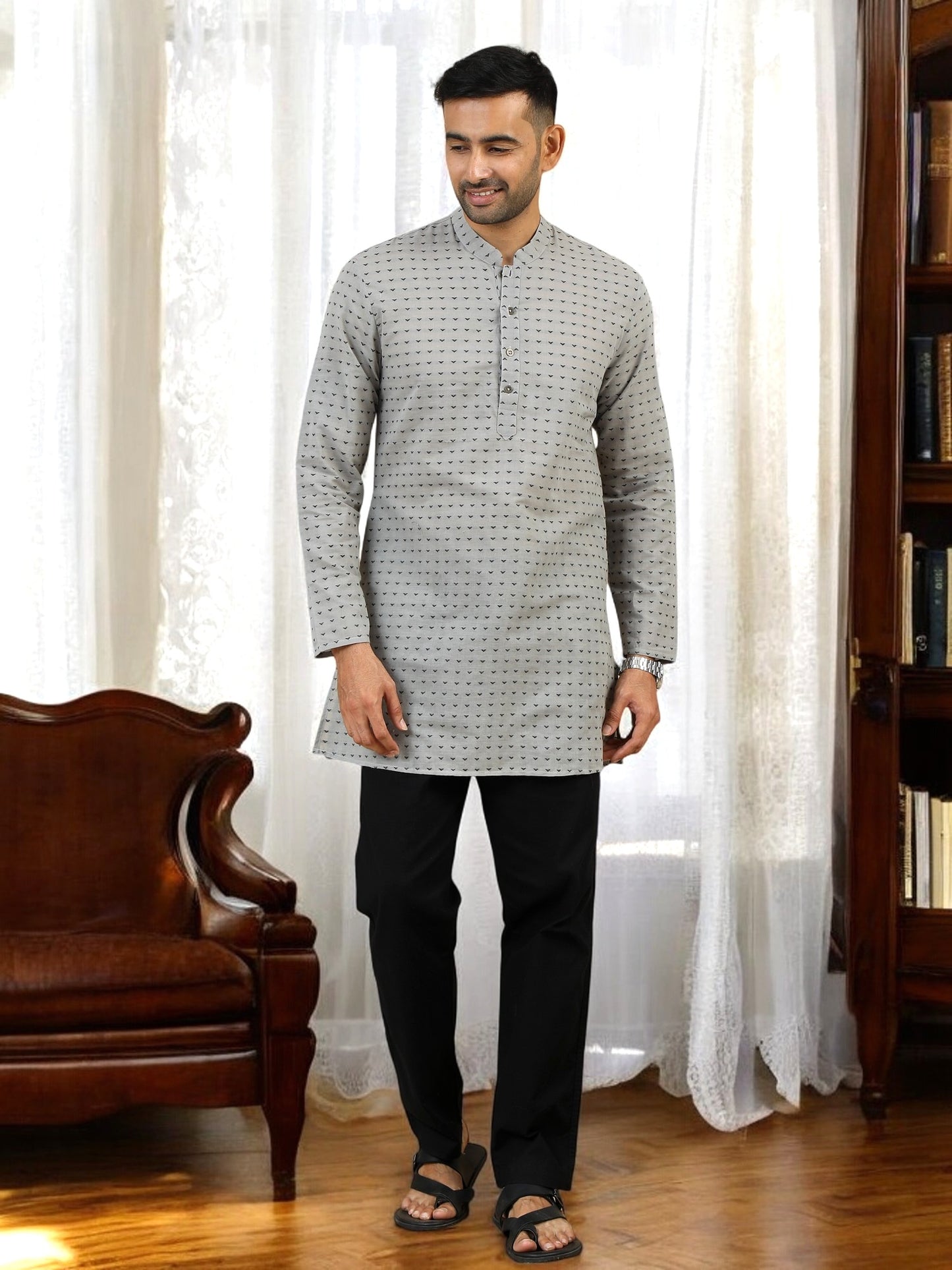 Tattva Geometric Woven Design Mandarin Collar Pure Cotton Straight Kurta