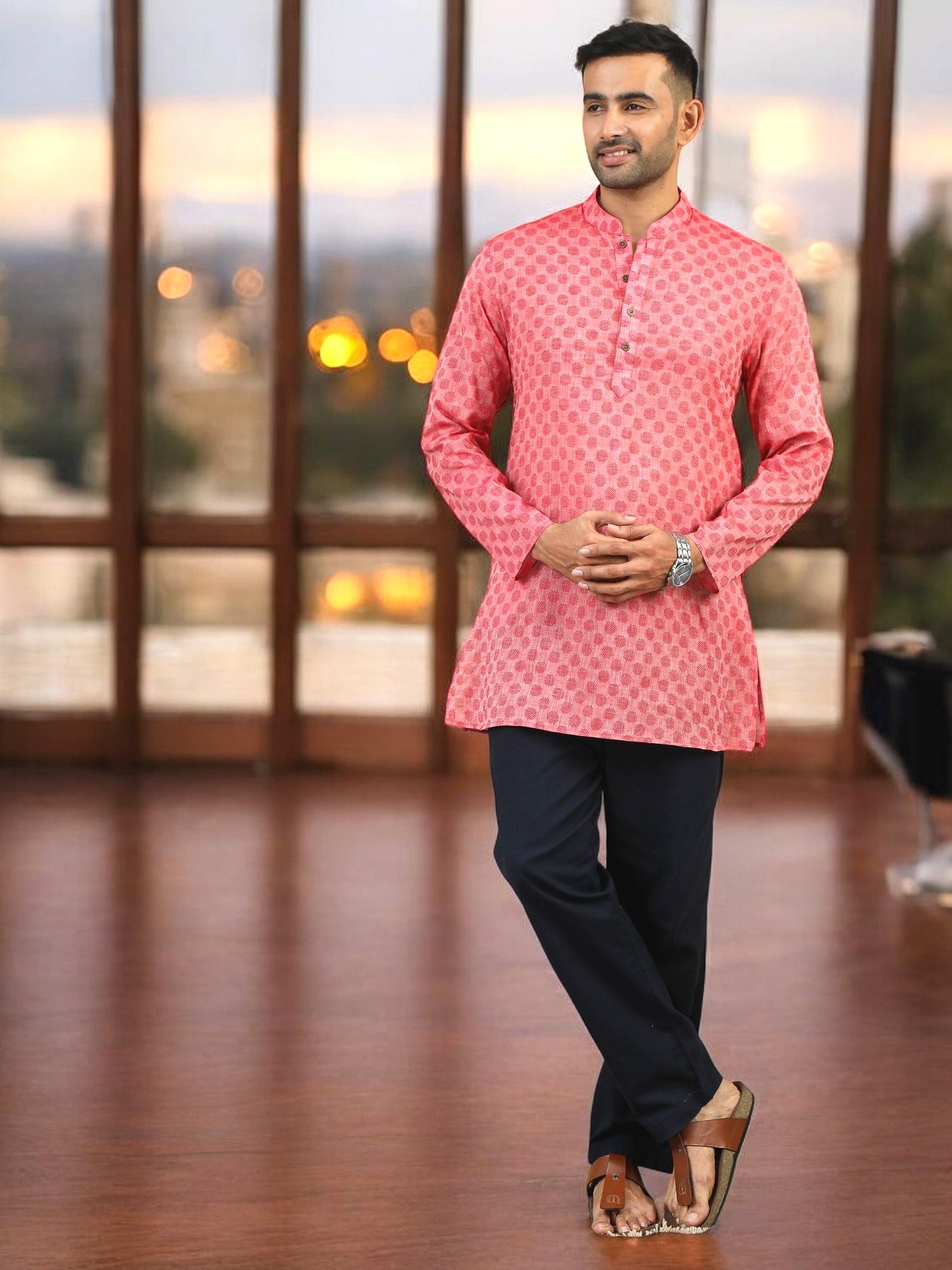 Tattva Woven Design Mandarin Collar Thread Work Cotton Straight Kurta