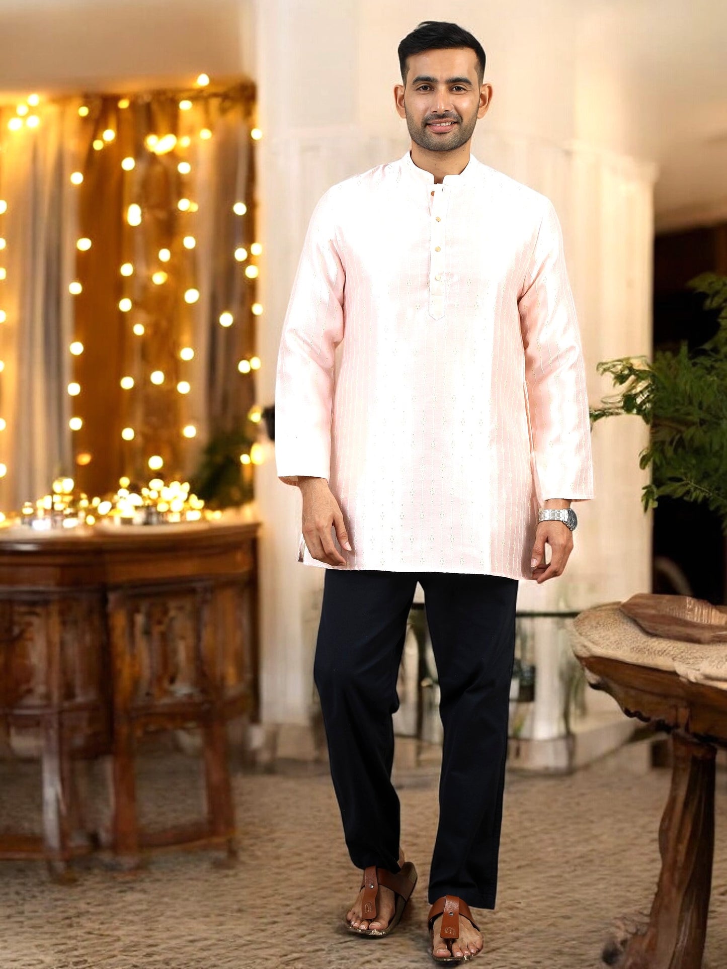 Tattva Men Pink Chikankari Style Kurta