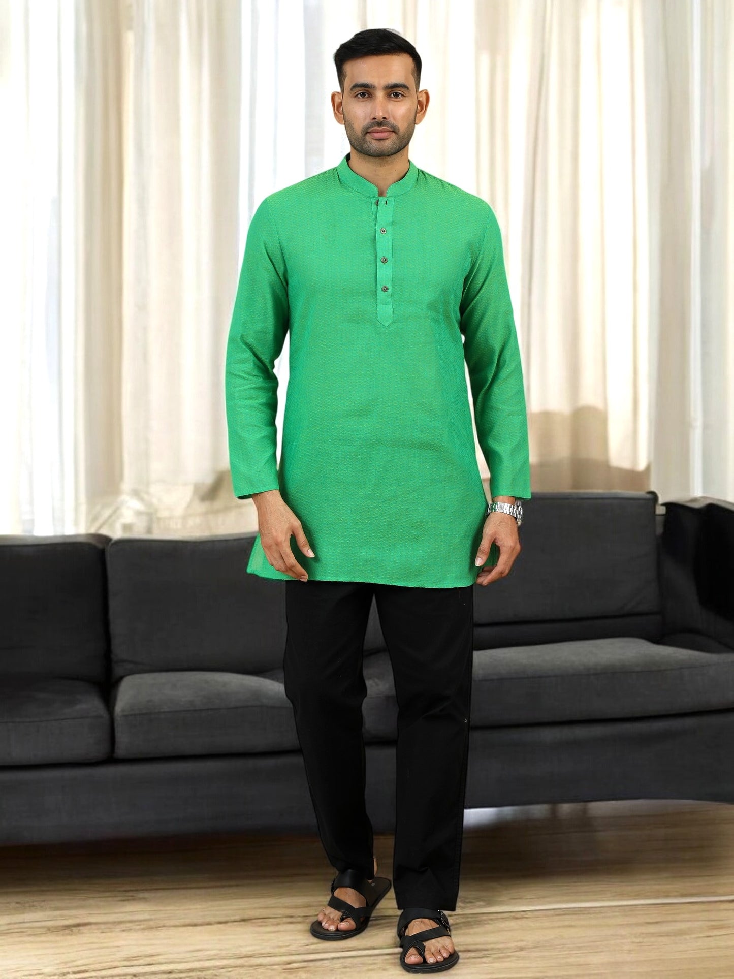 Tattva Men Green Geometric Print Cotton Blend Straight Kurta