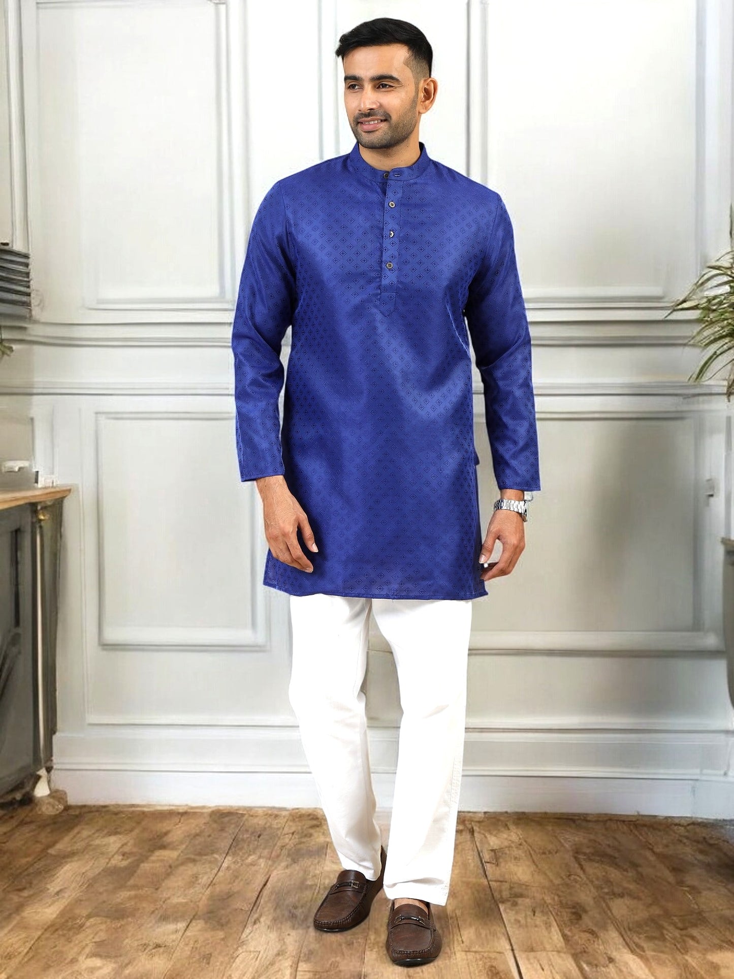 Tattva Men Blue Printed Thread Work Kurta