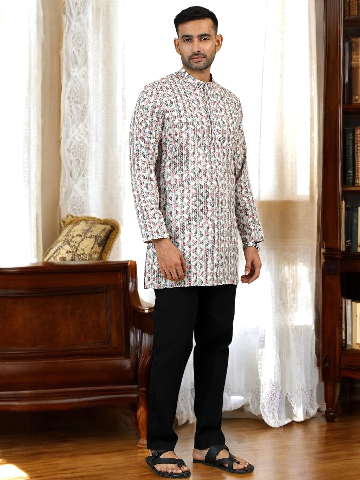 Tattva Ethnic Motifs Printed Mandarin Collar Pure Cotton Short Kurta