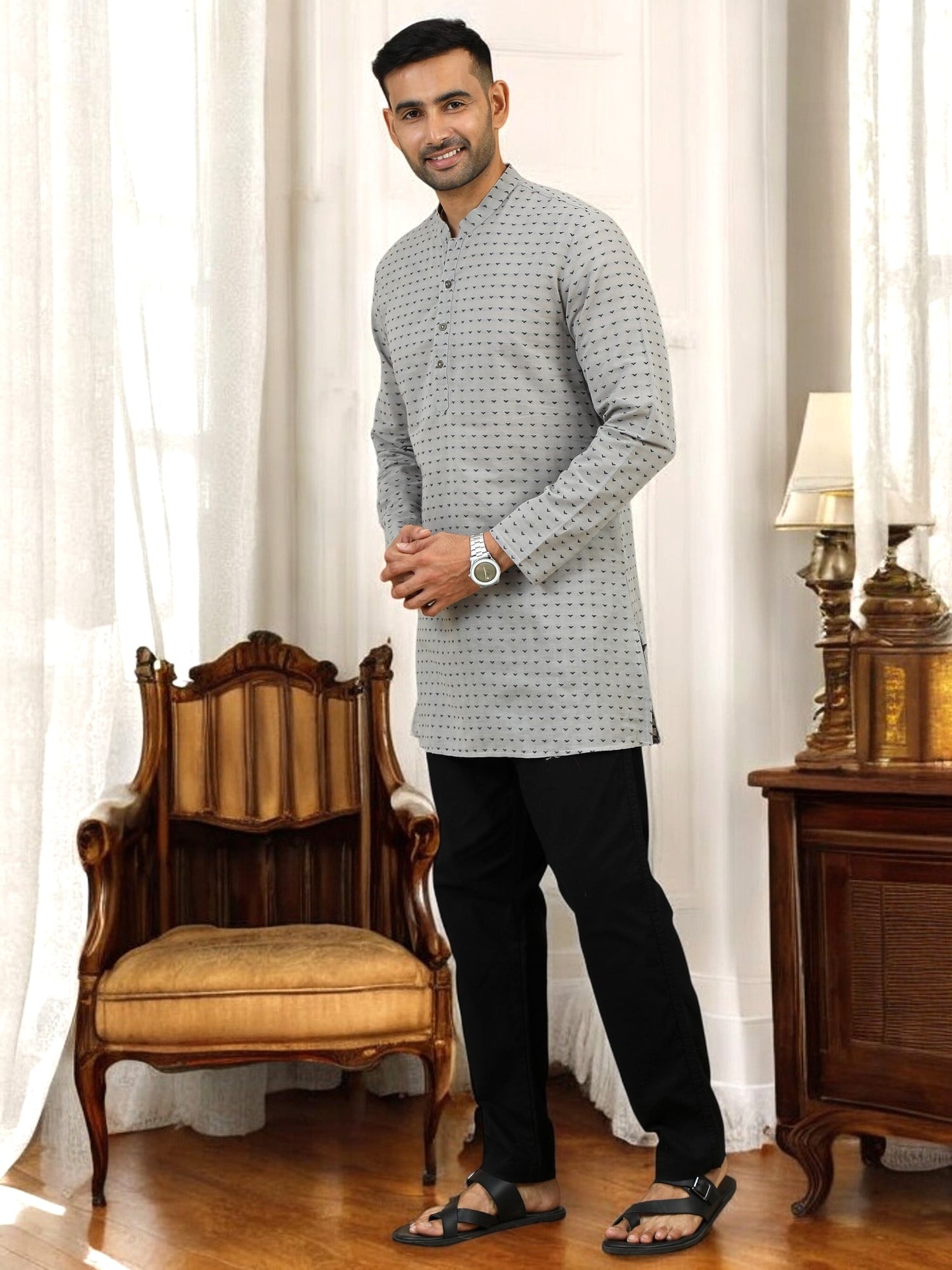 Tattva Geometric Woven Design Mandarin Collar Pure Cotton Straight Kurta