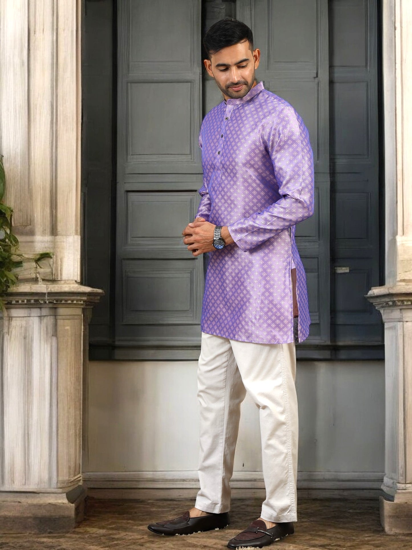 Tattva Men Lavender Printed Thread Work Kurta