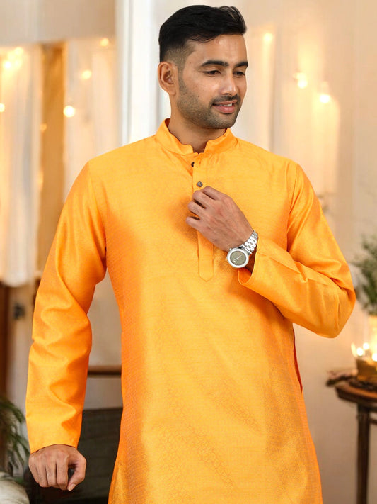 Tattva Men Gold Cotton Blend Straight Kurta