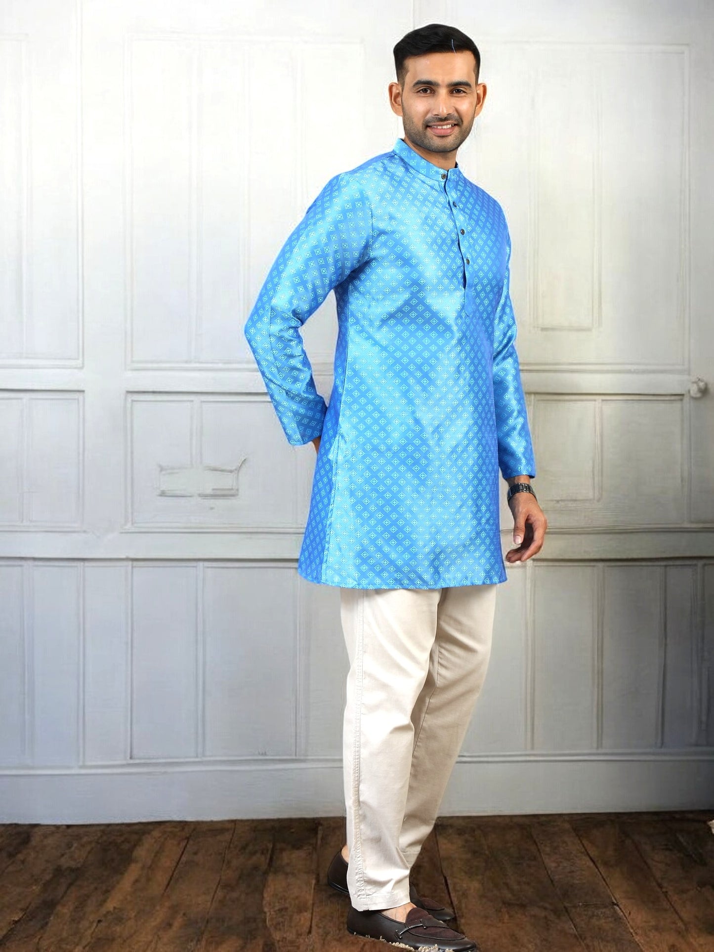 Tattva Men Blue Printed Thread Work Kurta