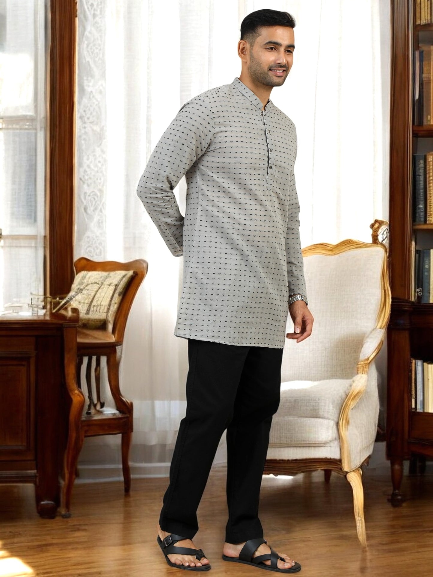 Tattva Geometric Woven Design Mandarin Collar Pure Cotton Straight Kurta