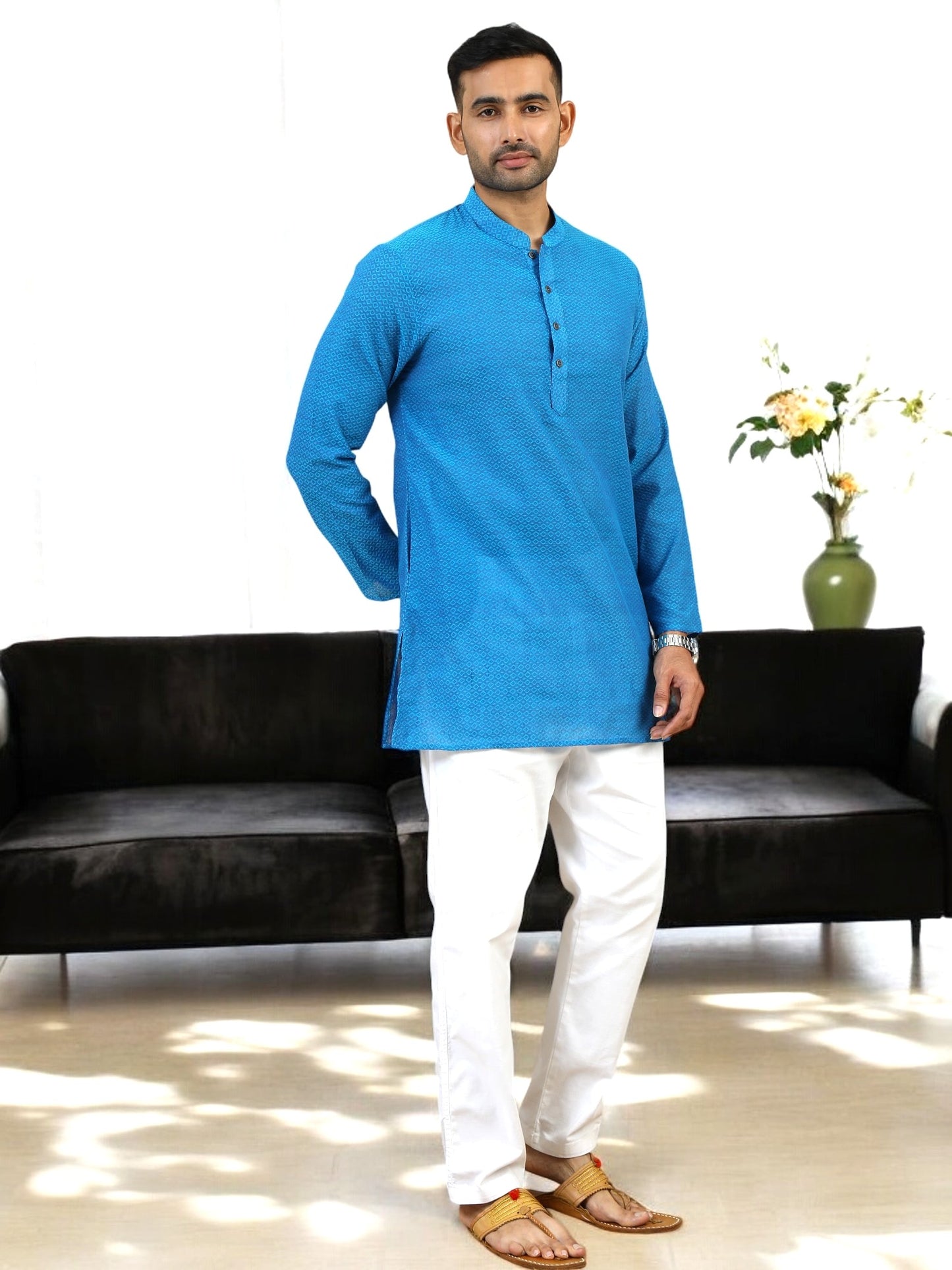 Tattva Men Blue Geometric Print Cotton Blend Straight Kurta