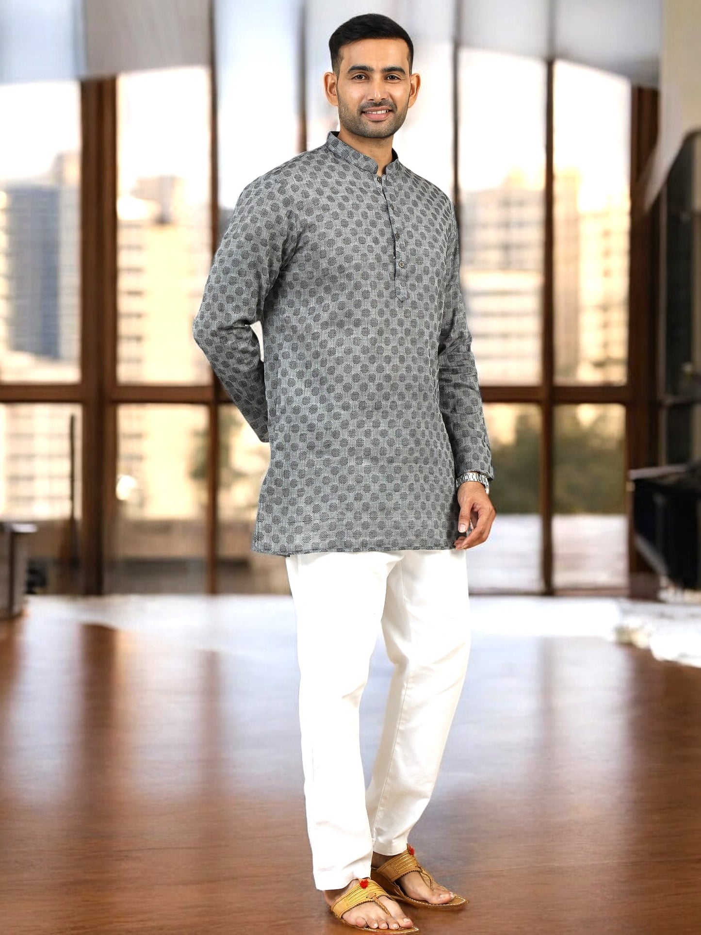 Tattva Woven Design Mandarin Collar Thread Work Cotton Straight Kurta