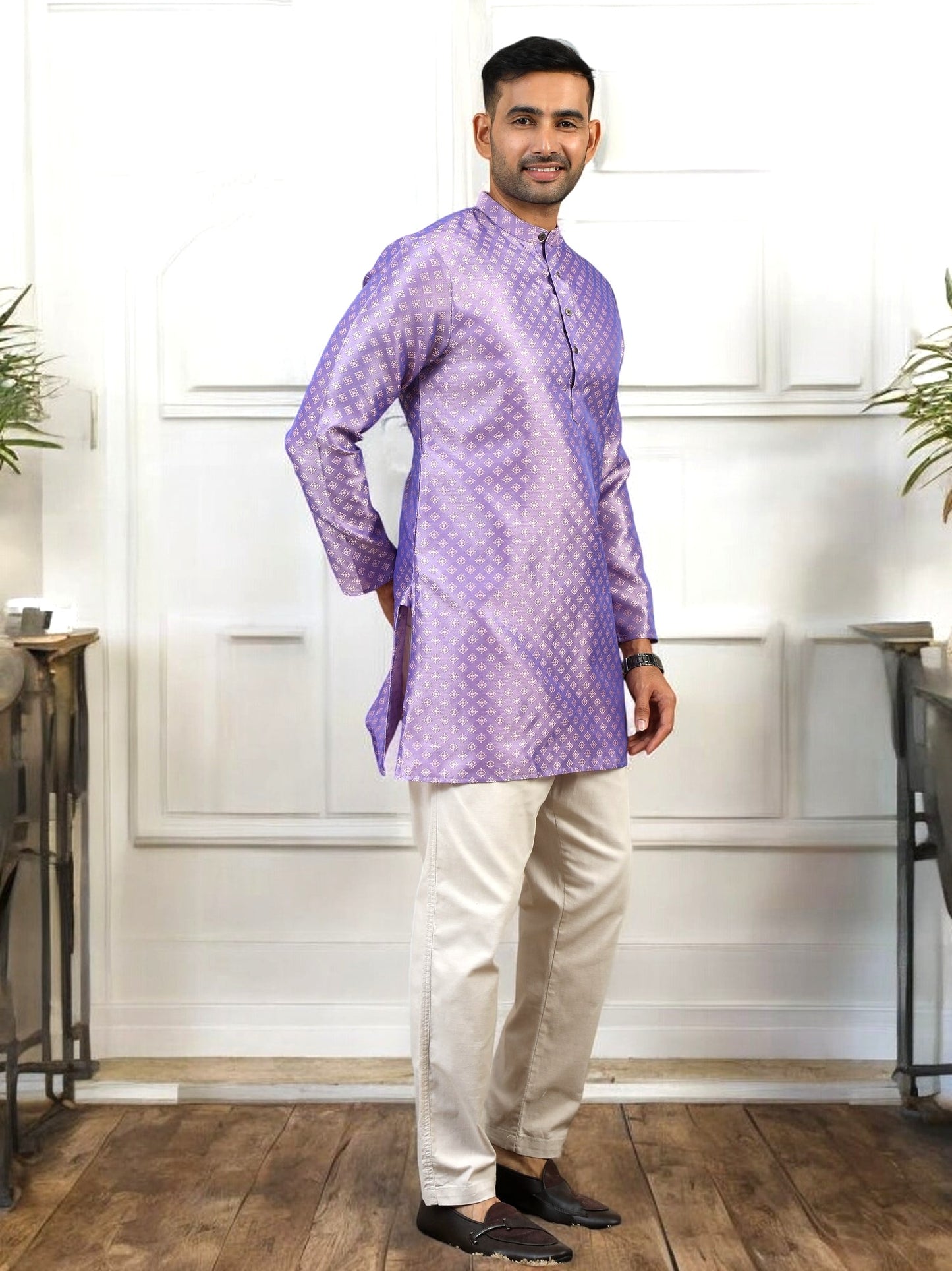 Tattva Men Lavender Printed Thread Work Kurta