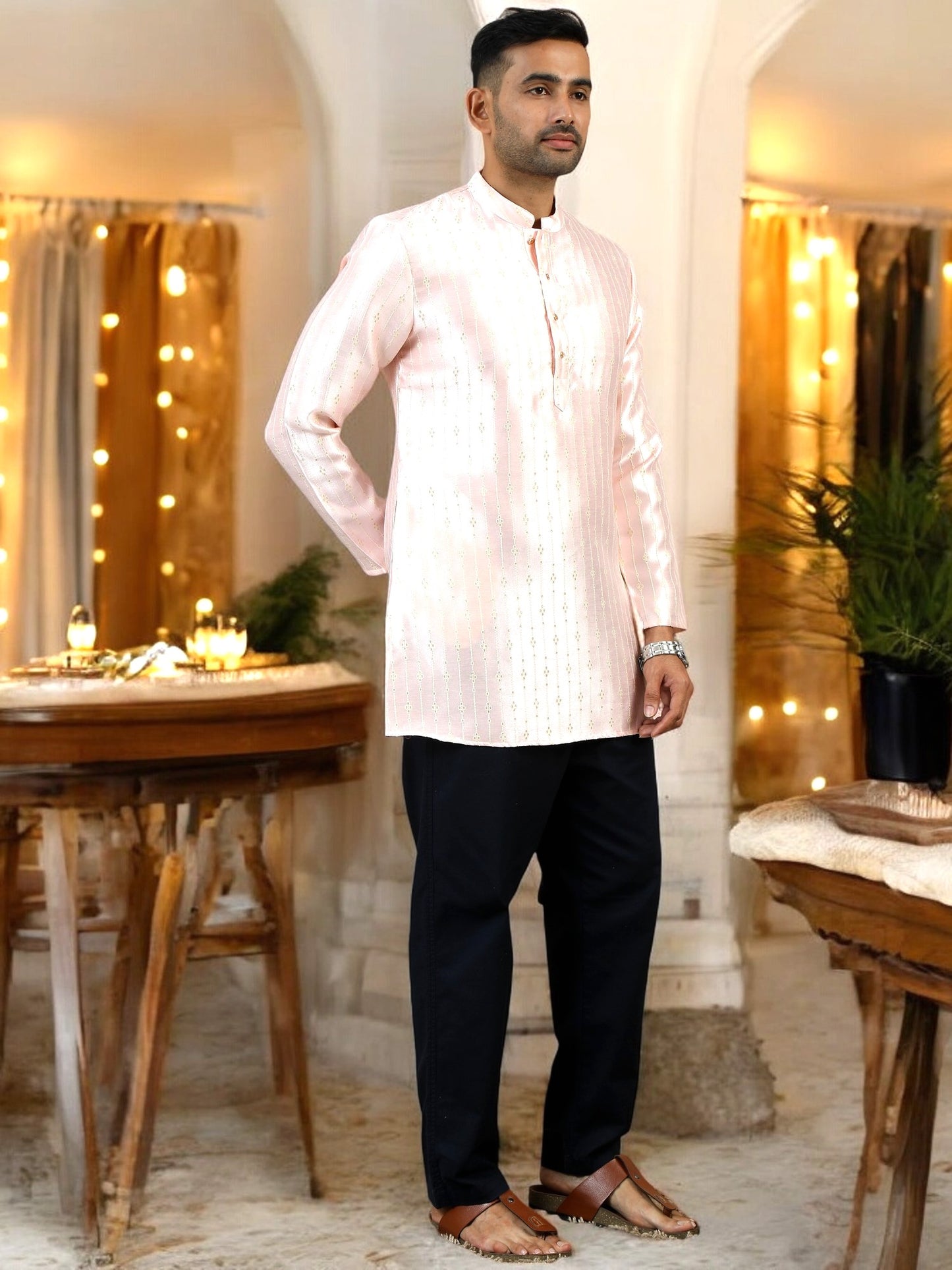 Tattva Men Pink Chikankari Style Kurta