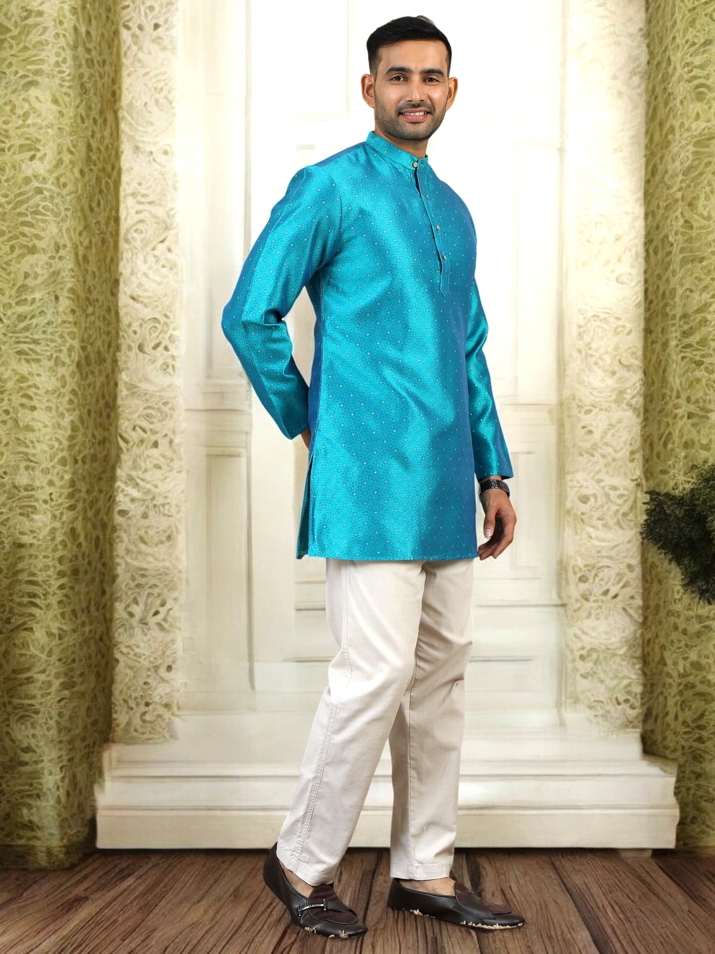 Tattva Men Turquoise Thread Work Kurta