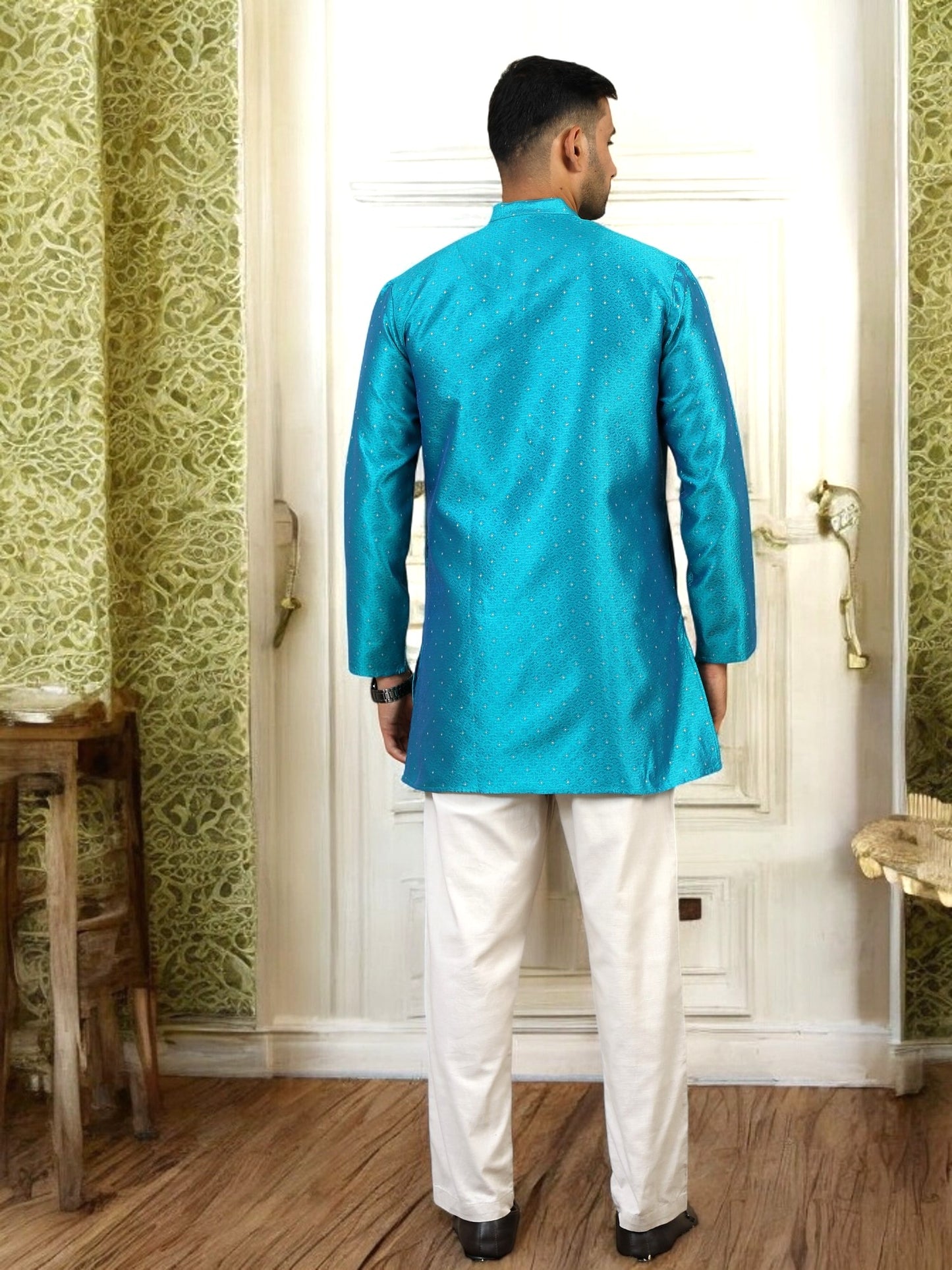 Tattva Men Turquoise Thread Work Kurta