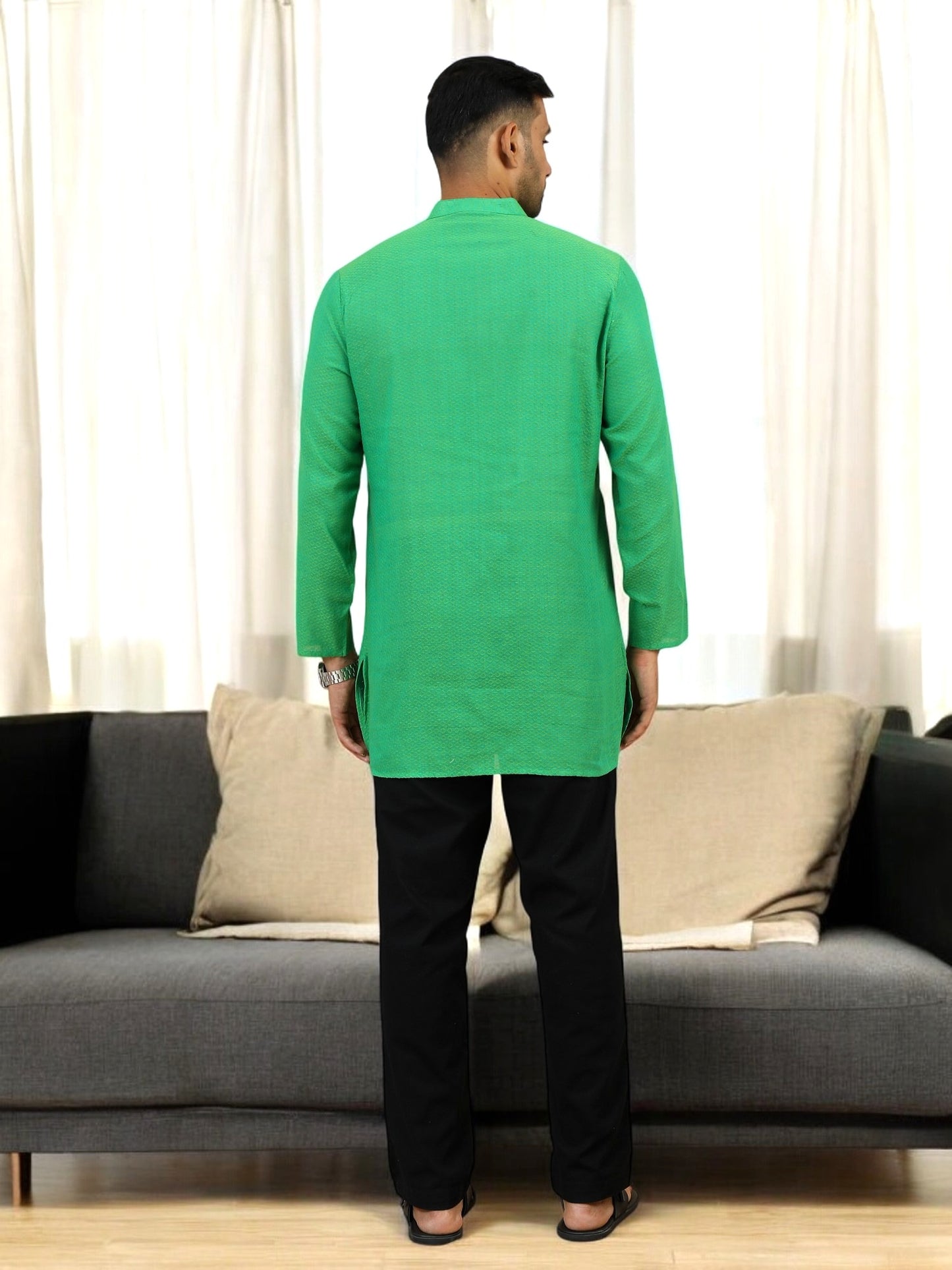 Tattva Men Green Geometric Print Cotton Blend Straight Kurta