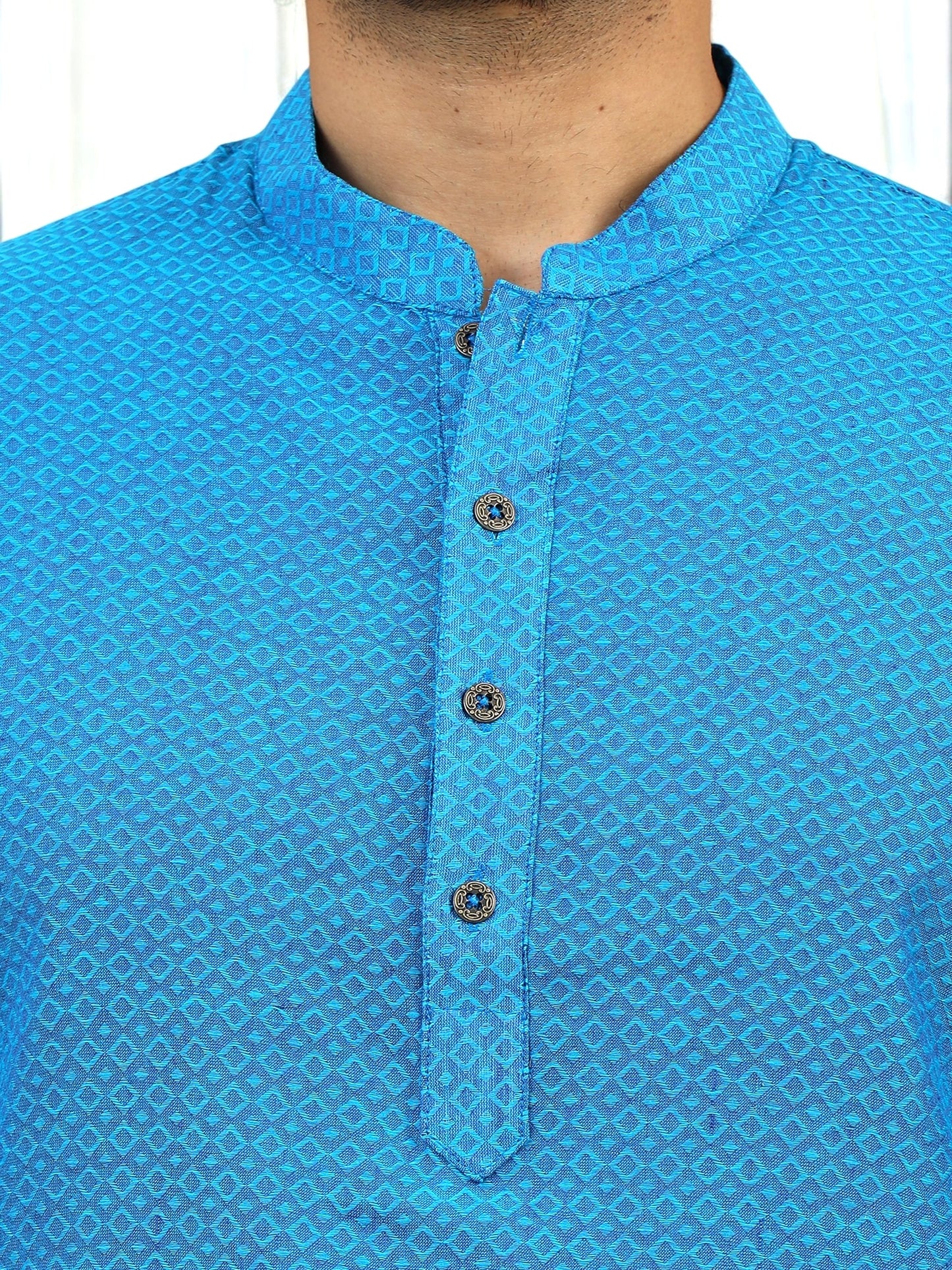 Tattva Men Blue Geometric Print Cotton Blend Straight Kurta