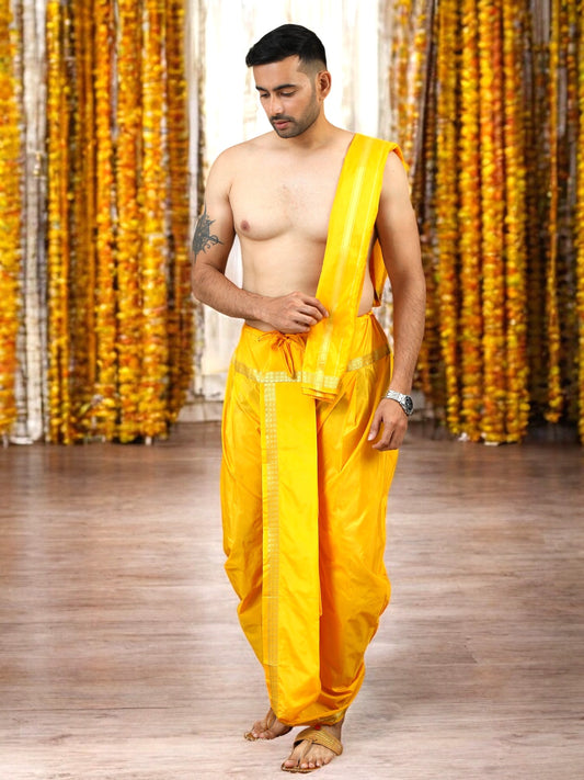 Tattva Art Silk Yellow Dhoti with Shalya (Angavasthram)