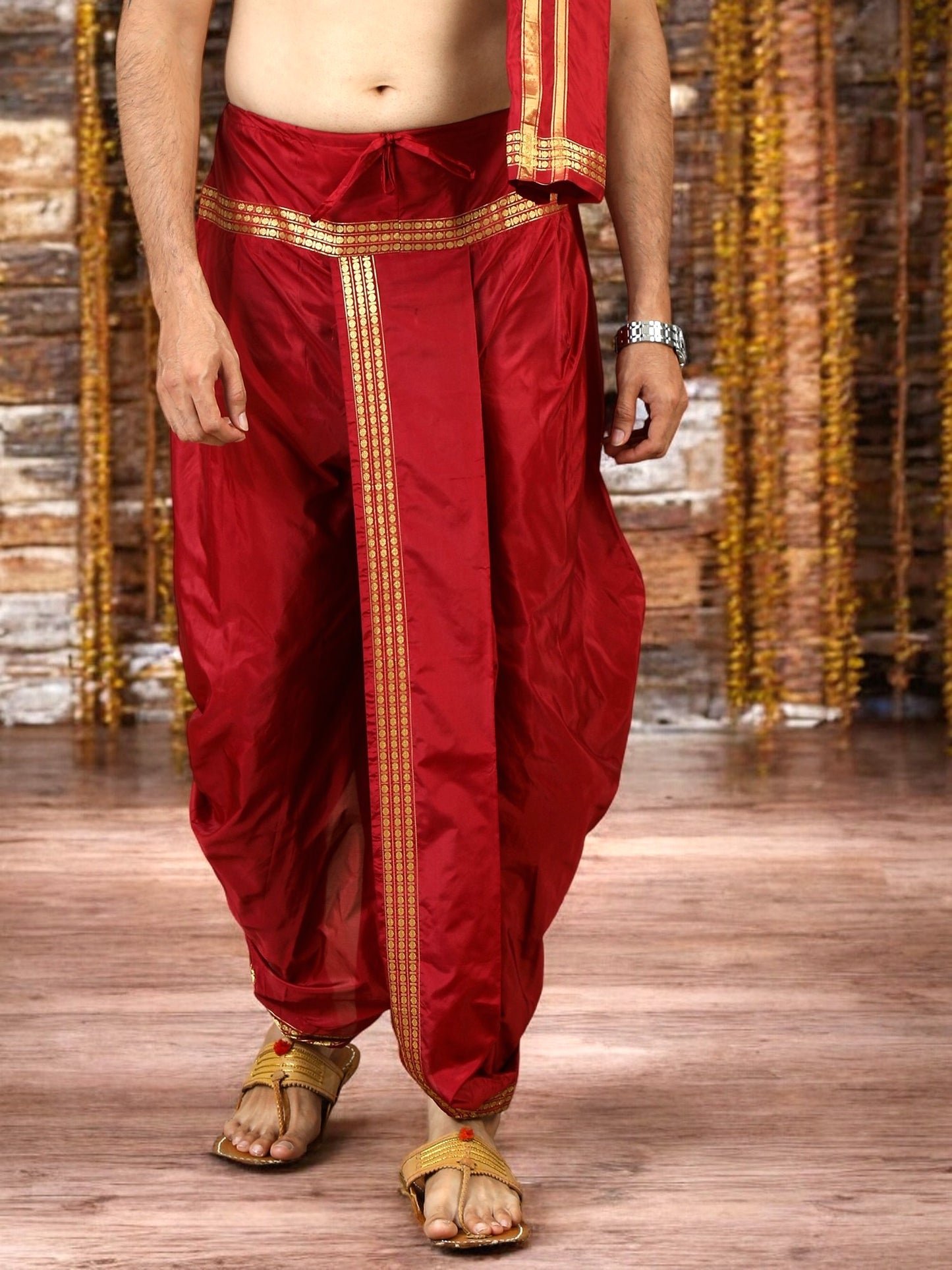 Tattva Art Silk Maroon Dhoti with Shalya (Angavasthram)