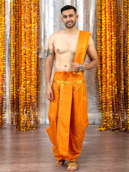 Tattva Art Silk Mustard Dhoti with Shalya (Angavasthram)