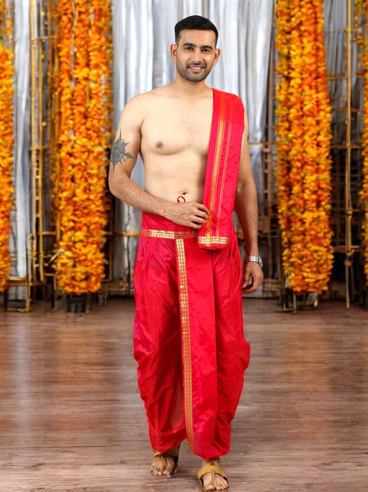 Tattva Art Silk Candy Red Dhoti with Shalya (Angavasthram)