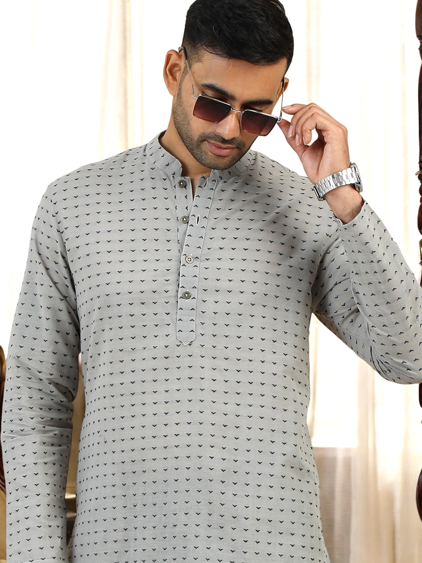 Tattva Geometric Woven Design Mandarin Collar Pure Cotton Straight Kurta