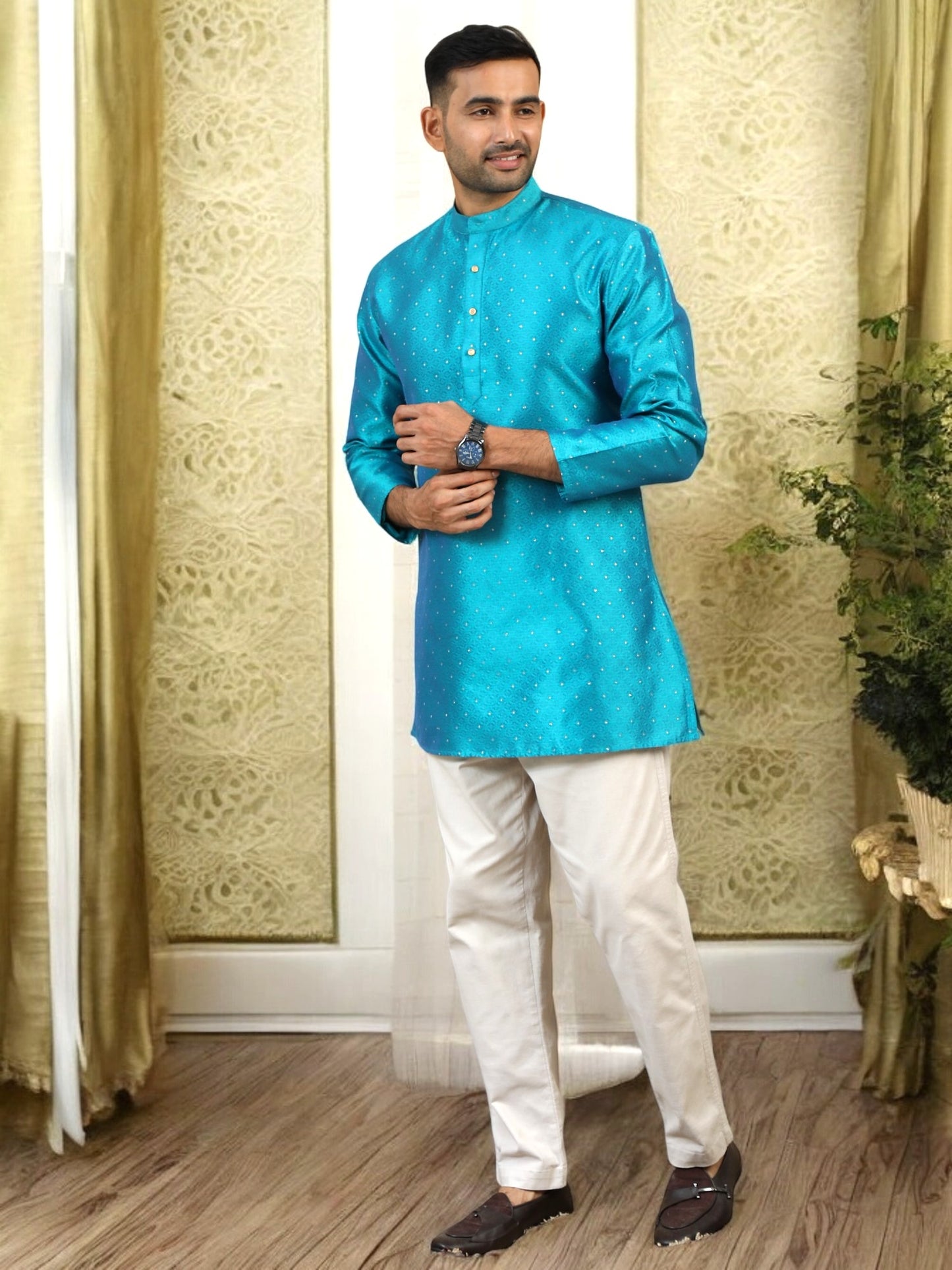 Tattva Men Turquoise Thread Work Kurta