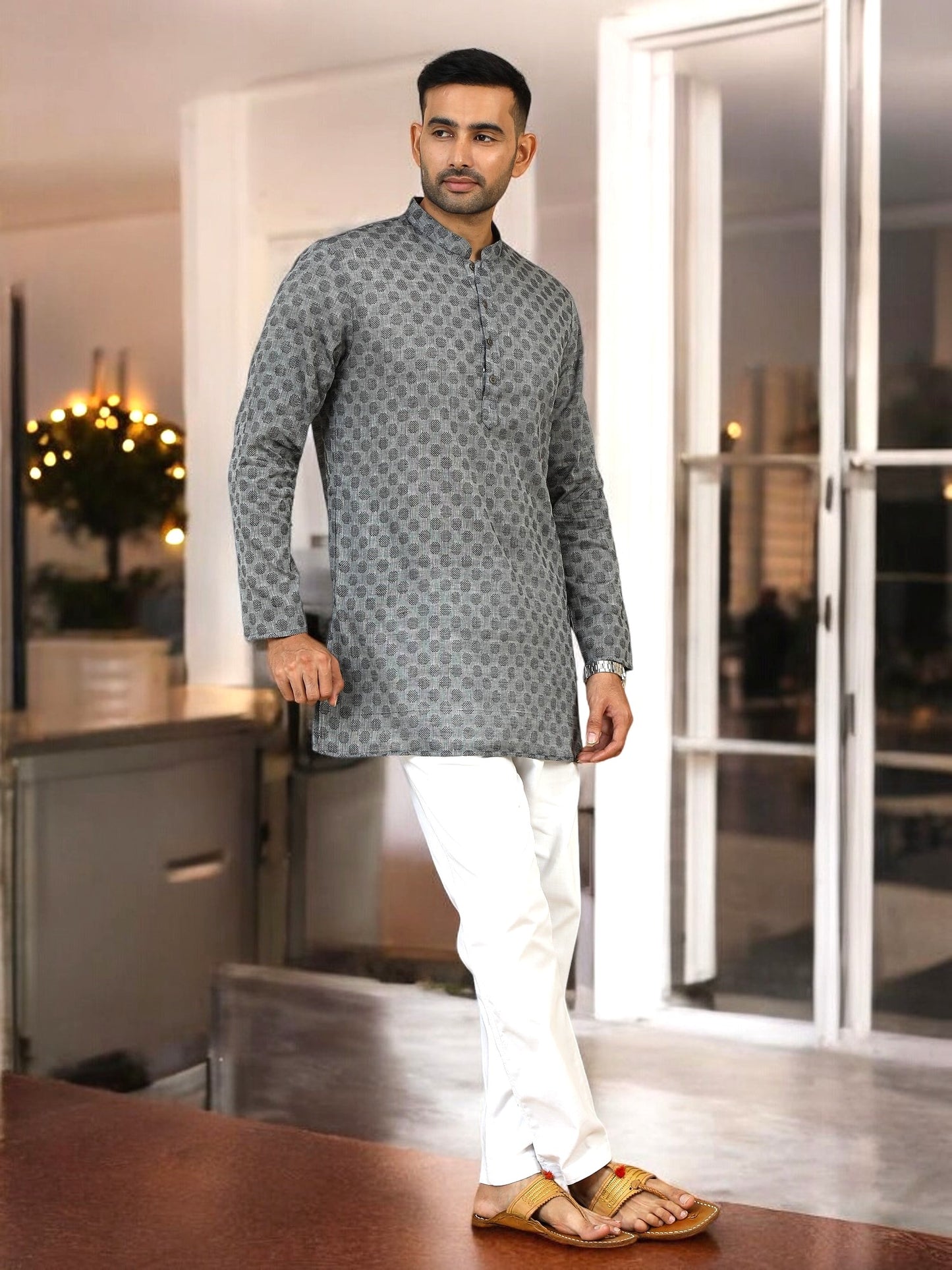 Tattva Woven Design Mandarin Collar Thread Work Cotton Straight Kurta