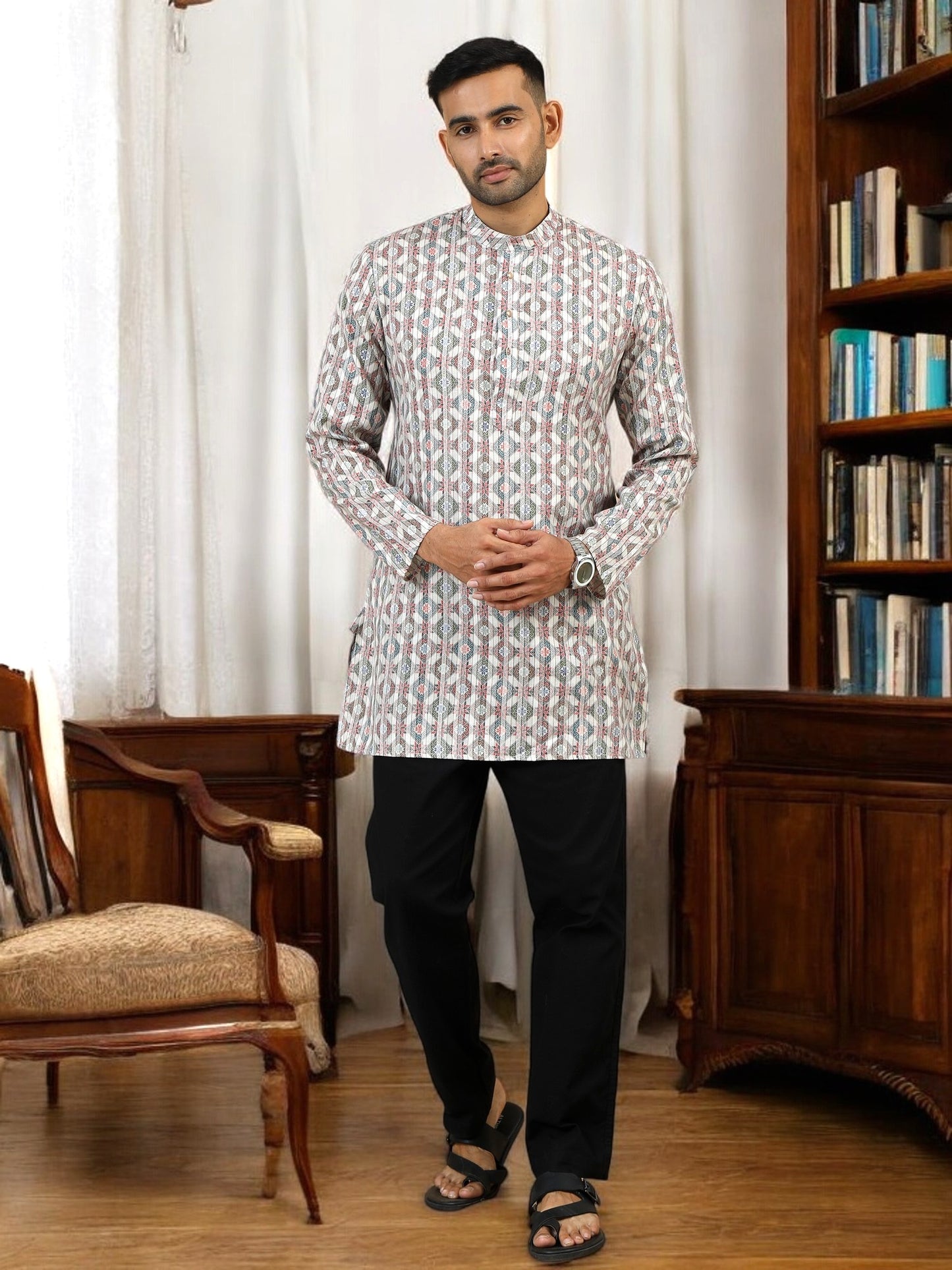 Tattva Ethnic Motifs Printed Mandarin Collar Pure Cotton Short Kurta