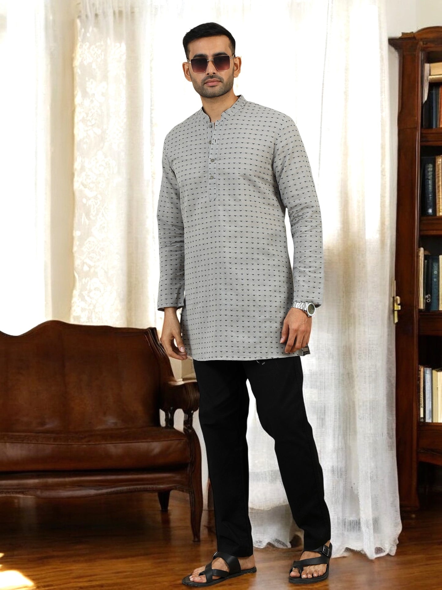 Tattva Geometric Woven Design Mandarin Collar Pure Cotton Straight Kurta