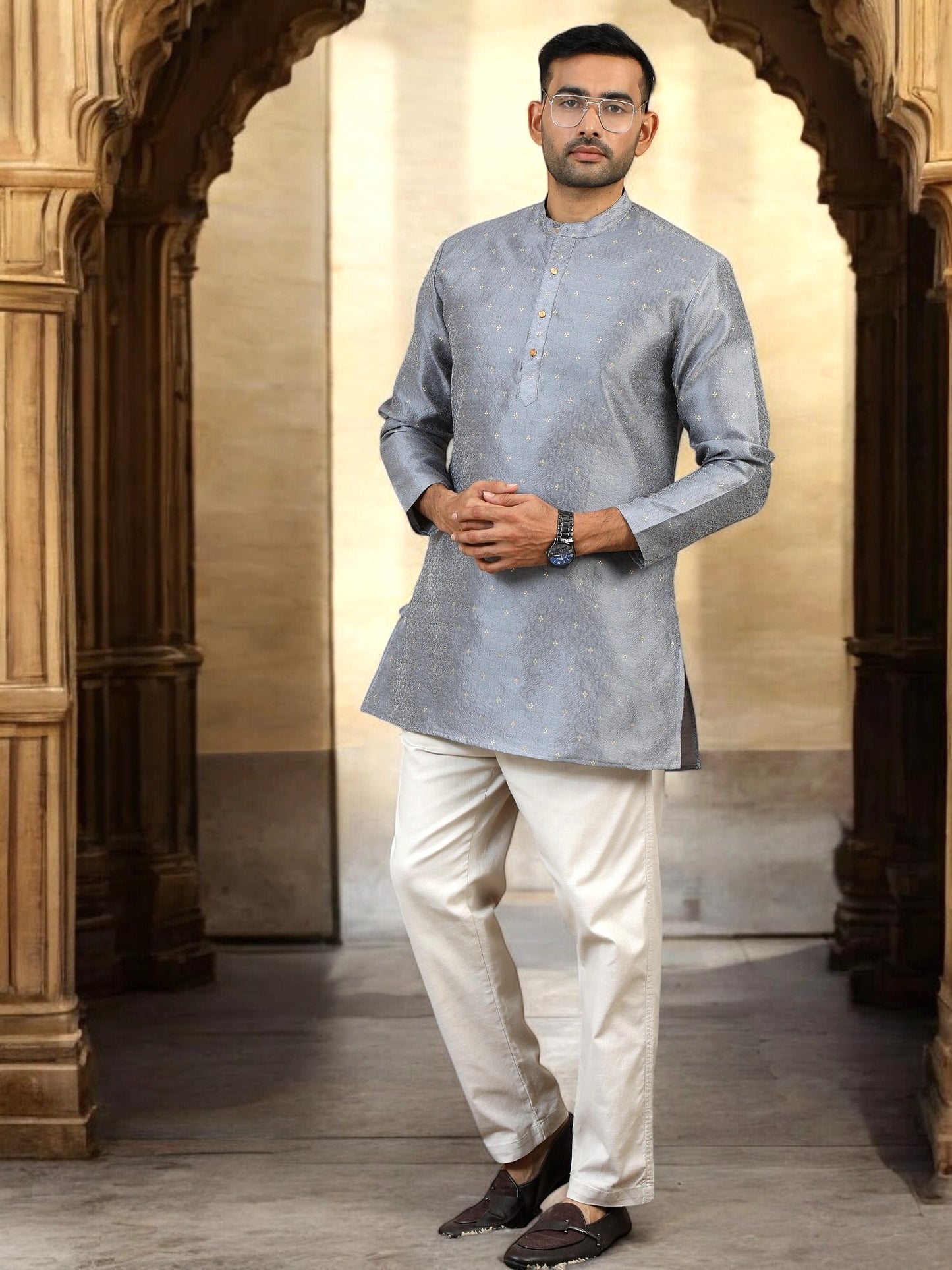 Tattva Men Silver Thread Work Kurta