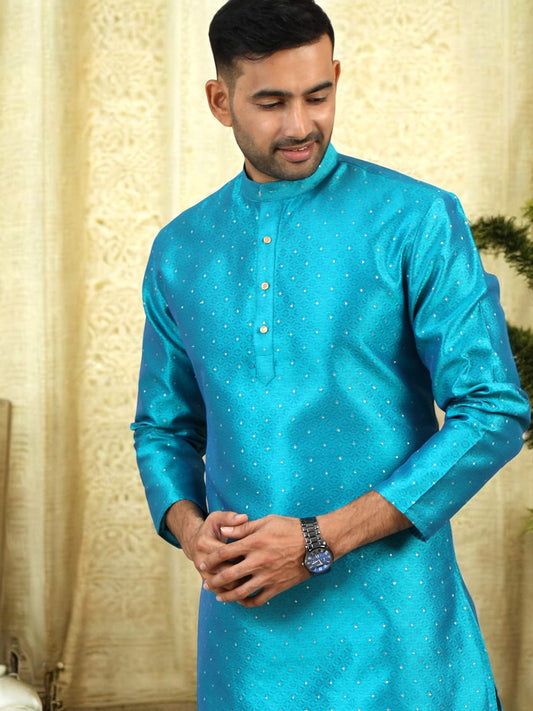 Tattva Men Turquoise Thread Work Kurta