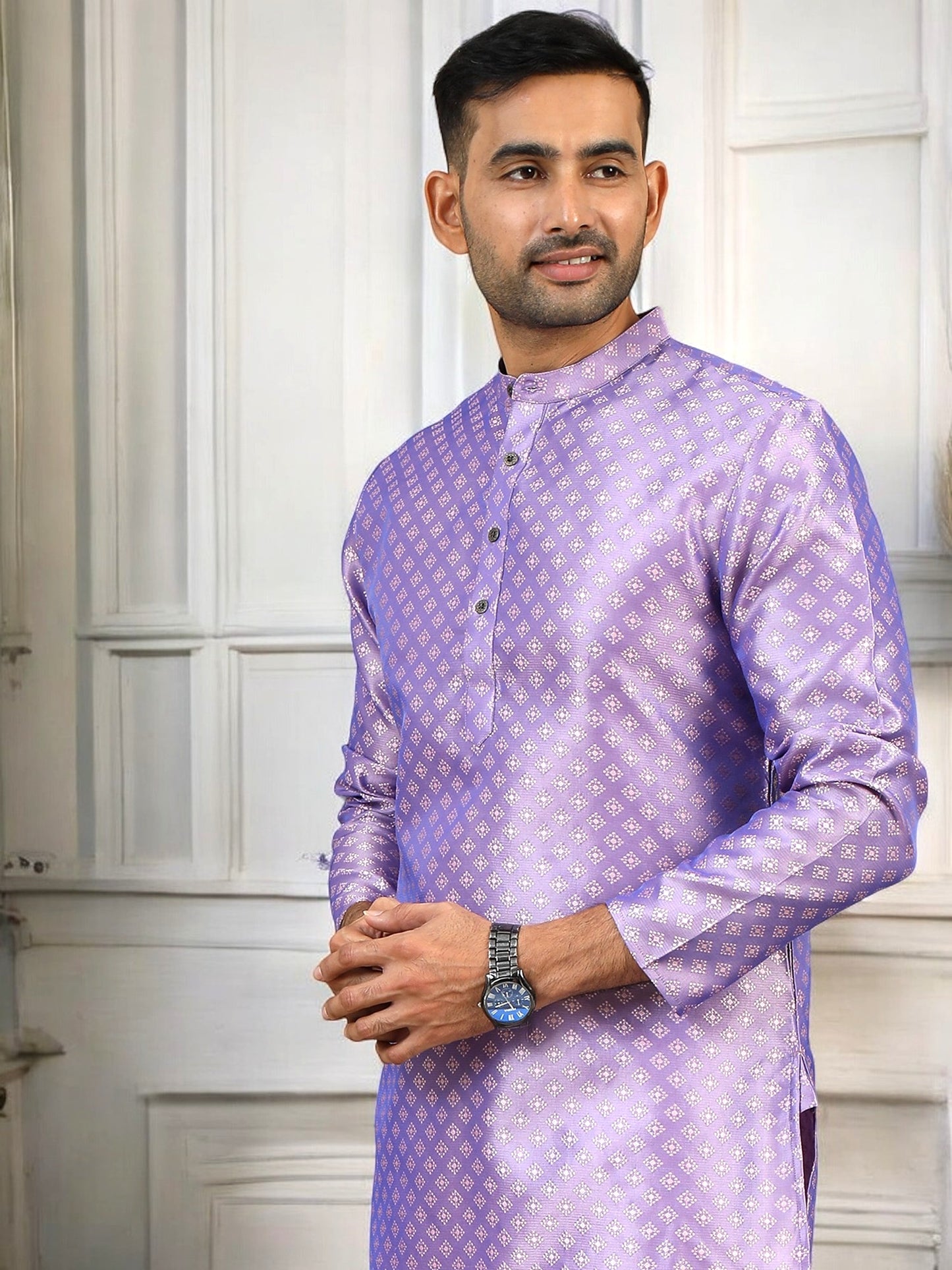 Tattva Men Lavender Printed Thread Work Kurta