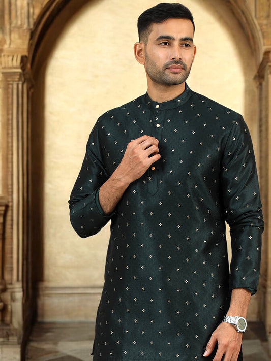 Tattva Men Green Geometric Thread Work Kurta