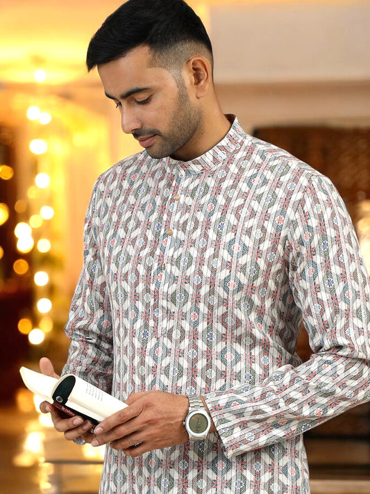 Tattva Men Multi Color Cotton Short Straight Kurta