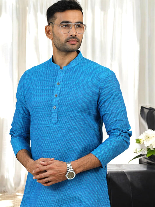 Tattva Men Blue Geometric Print Cotton Blend Straight Kurta