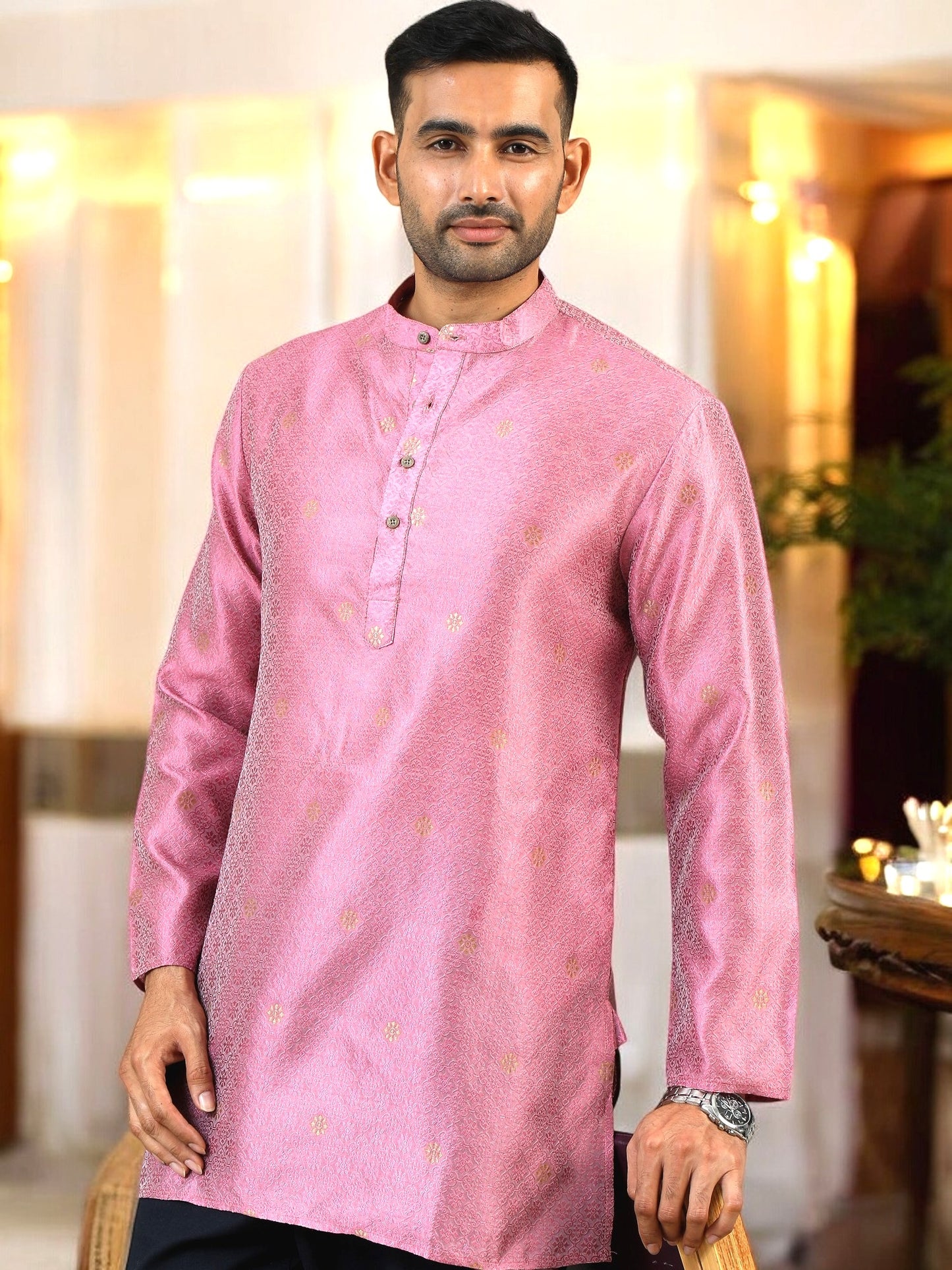 Tattva Men Pink Thread Work Kurta