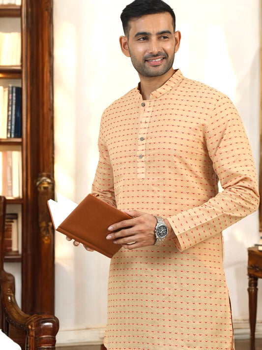 Tattva Geometric Woven Design Mandarin Collar Pure Cotton Straight Kurta